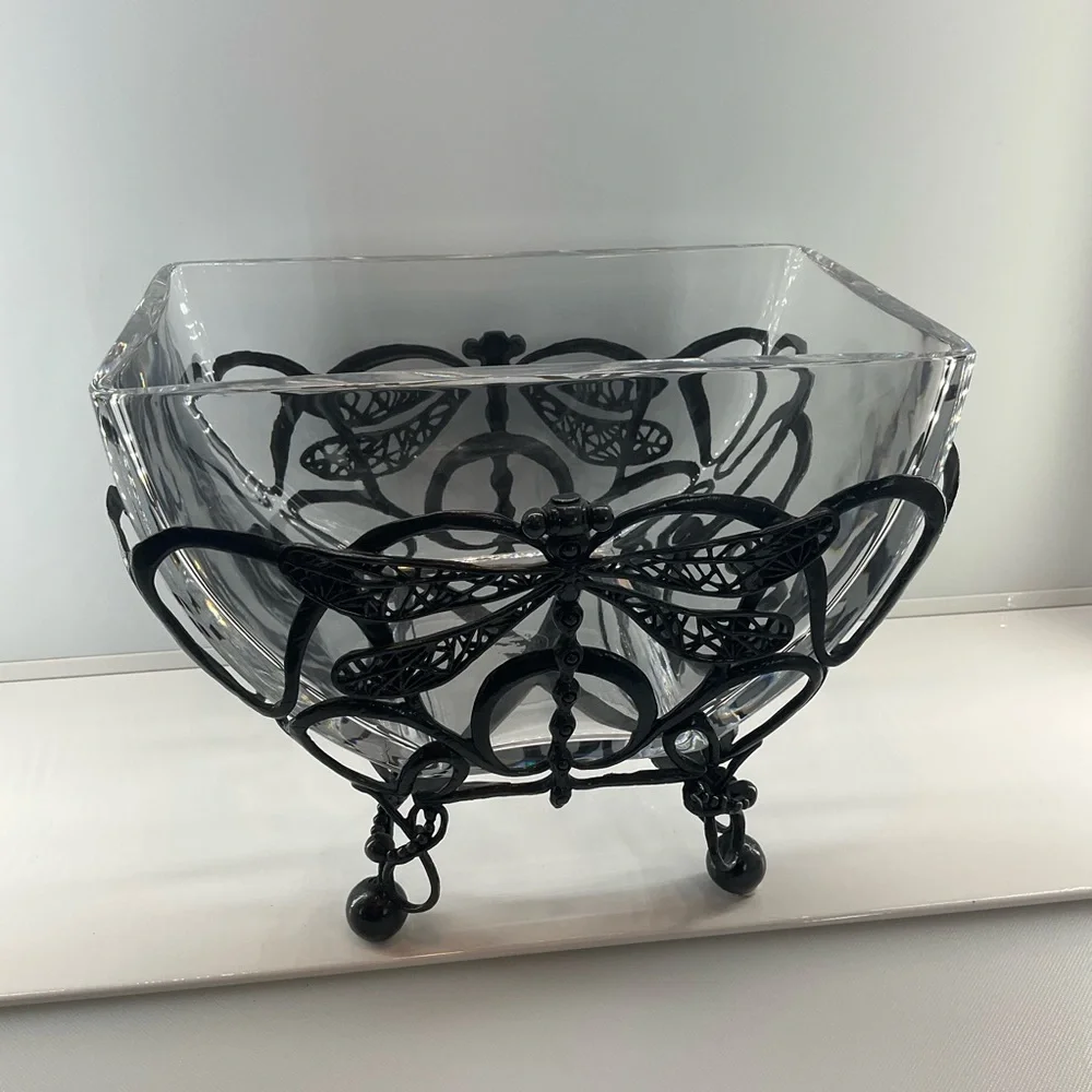 CASTILIAN Poland Crystal Bowl & Dragonfly Hefty Centerpiece 2 Pieces RARE!